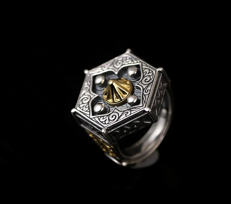 100% 925 Sterling Silver Religious Buddha Hexagon Ring for Men