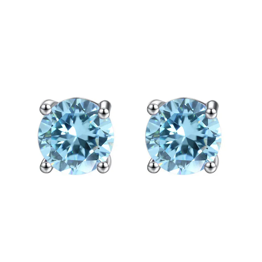 10k White Gold Plated 3 Ct Round Created Blue Topaz Stud Earrings