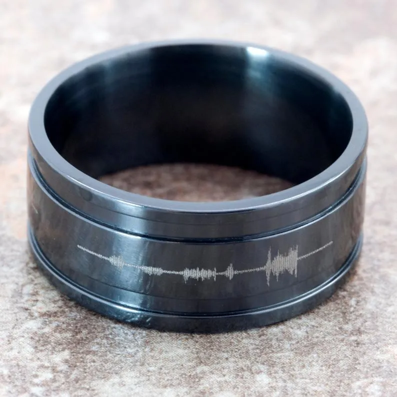 10mm Wide Personalized Sound Wave Black Zirconium Ring