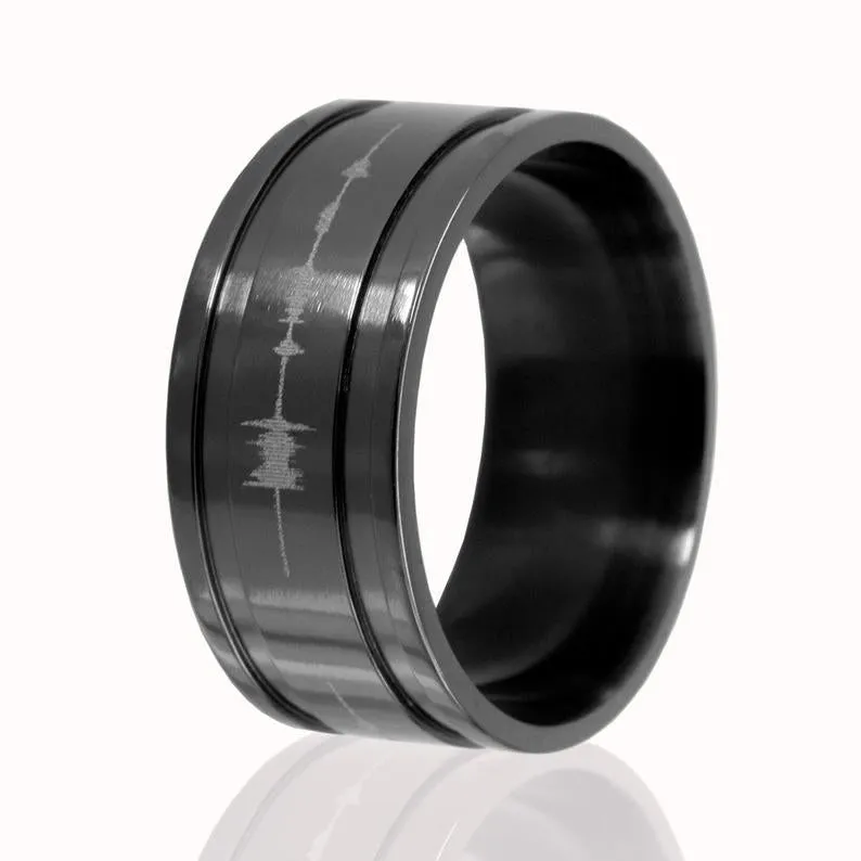 10mm Wide Personalized Sound Wave Black Zirconium Ring