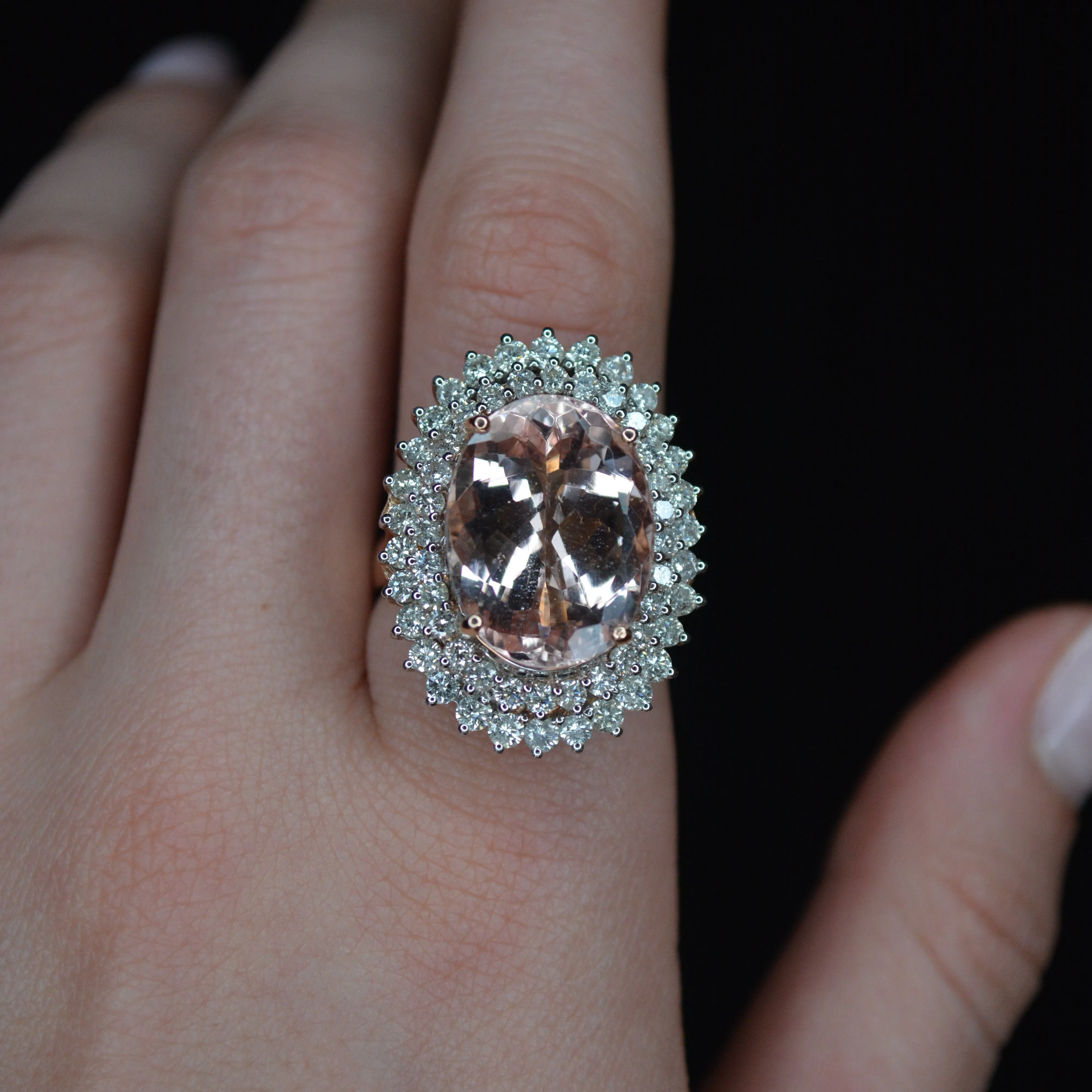 13.1ct Diamond Morganite 14K Gold Halo Cocktail Ring