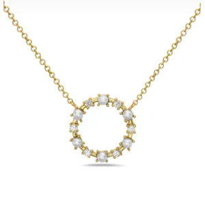 14k Gold Alternating Diamond & Pearl Circle Necklace