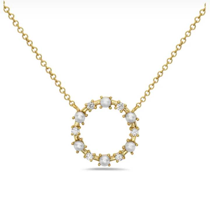 14k Gold Alternating Diamond & Pearl Circle Necklace