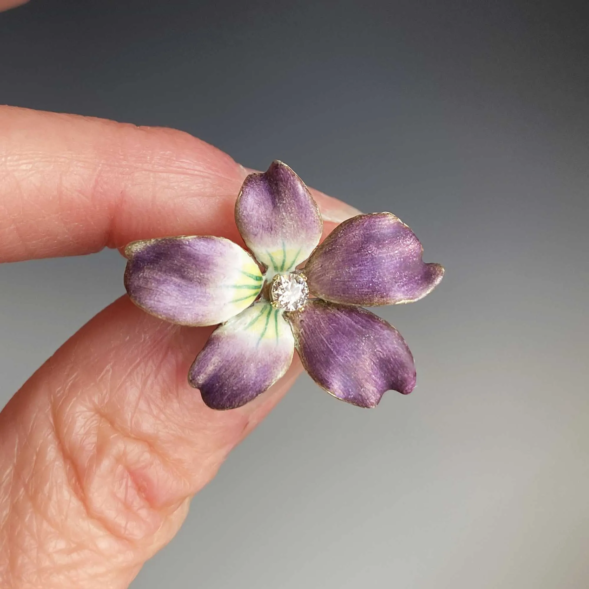 14K Gold Enamel Viola Pansy Diamond Brooch Pendant