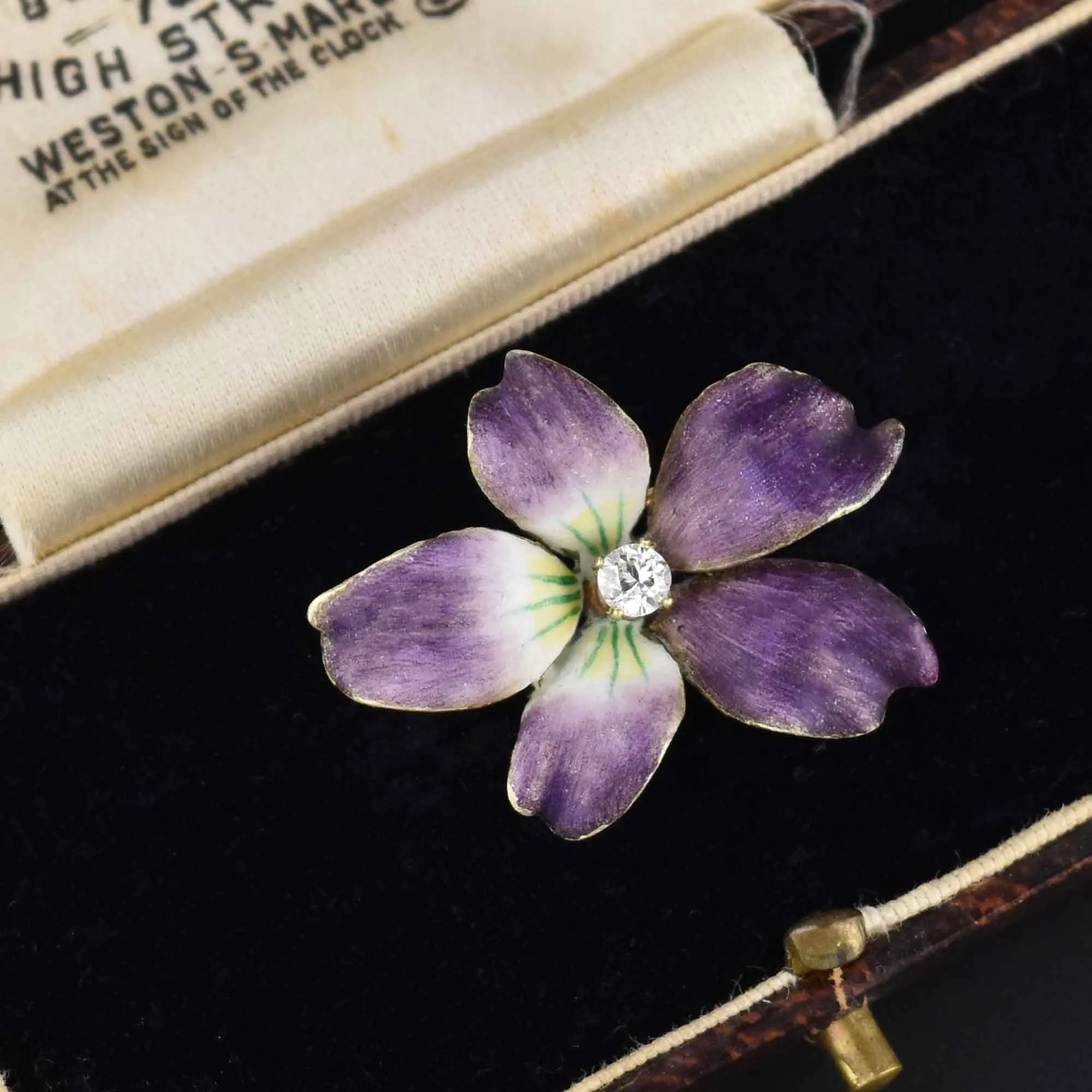 14K Gold Enamel Viola Pansy Diamond Brooch Pendant