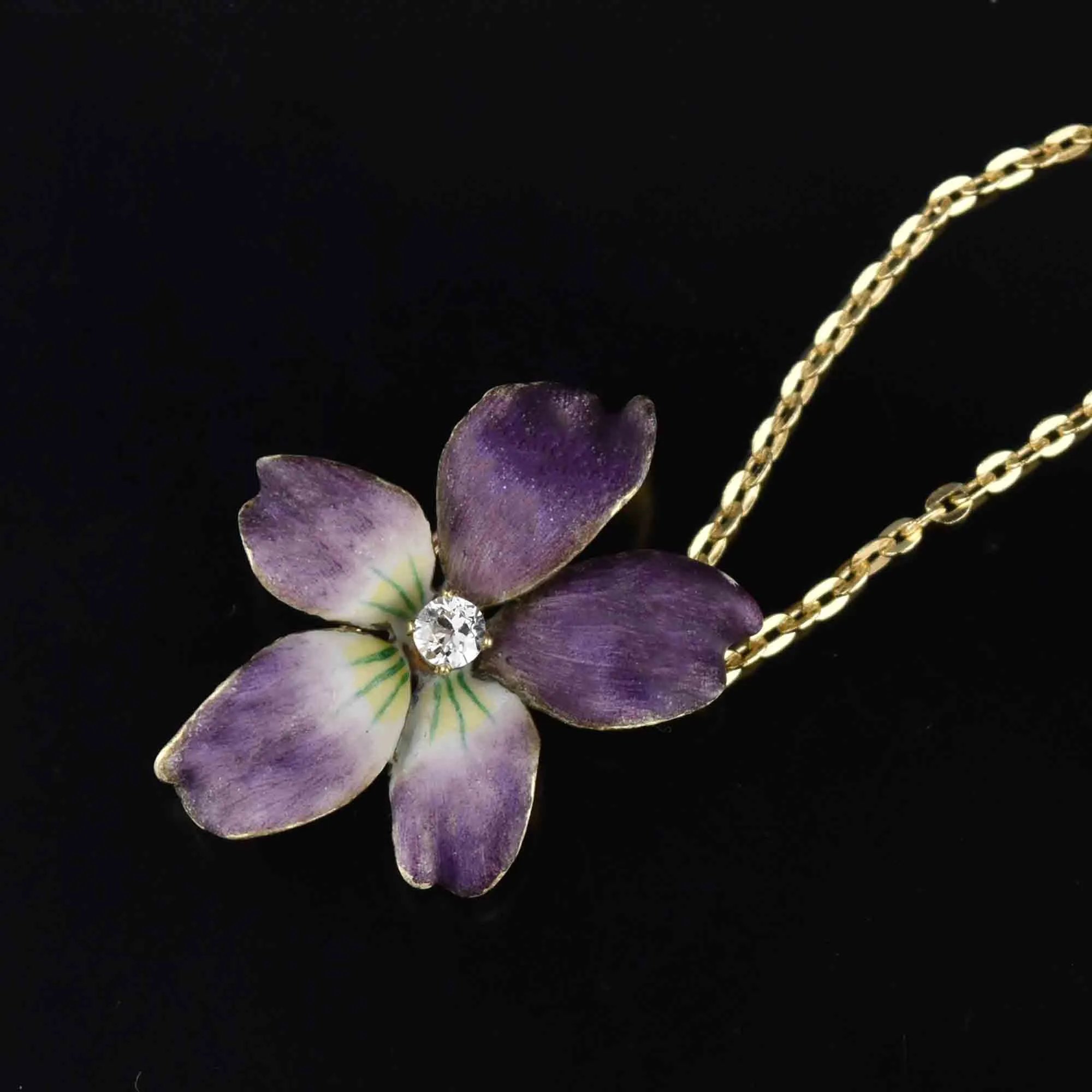 14K Gold Enamel Viola Pansy Diamond Brooch Pendant