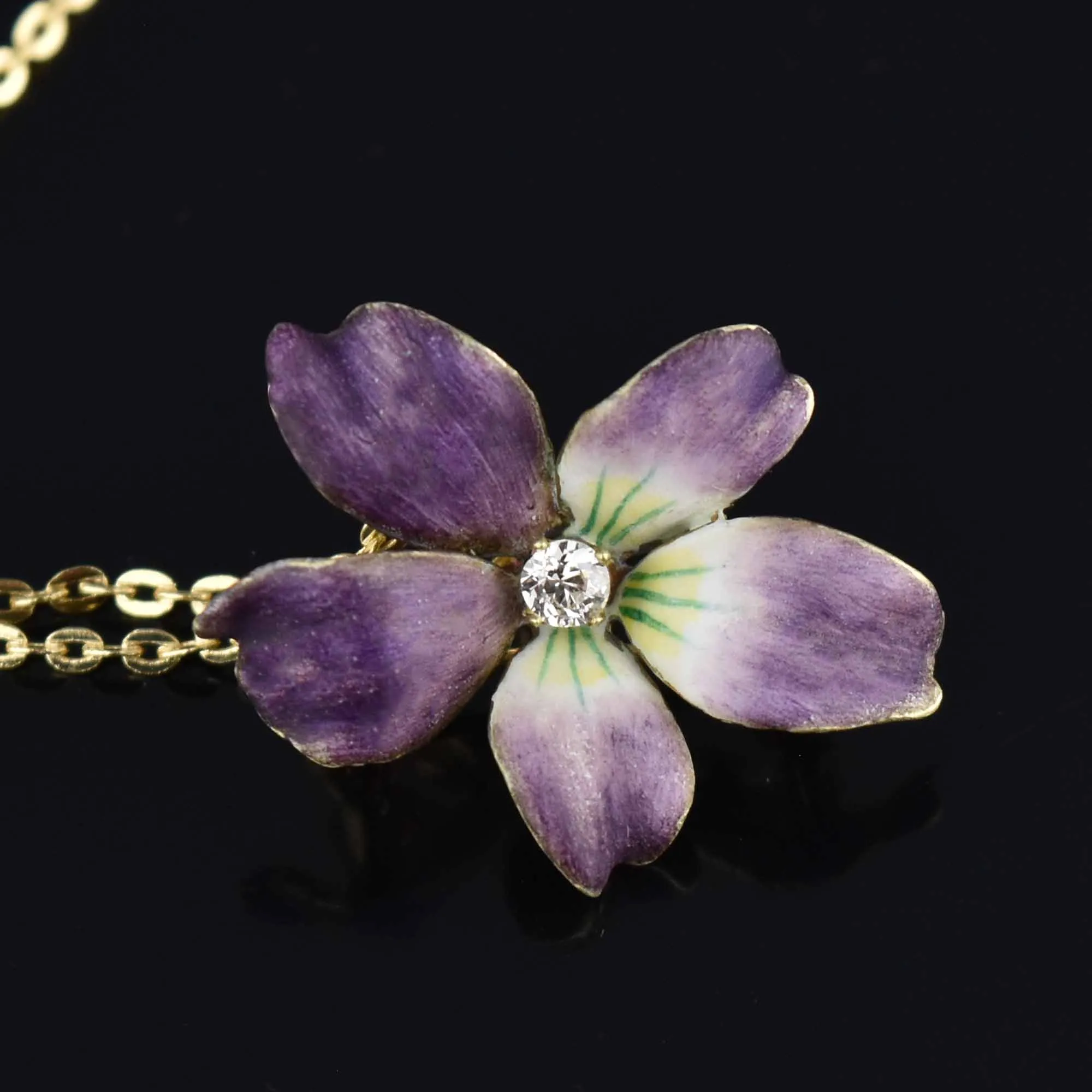 14K Gold Enamel Viola Pansy Diamond Brooch Pendant