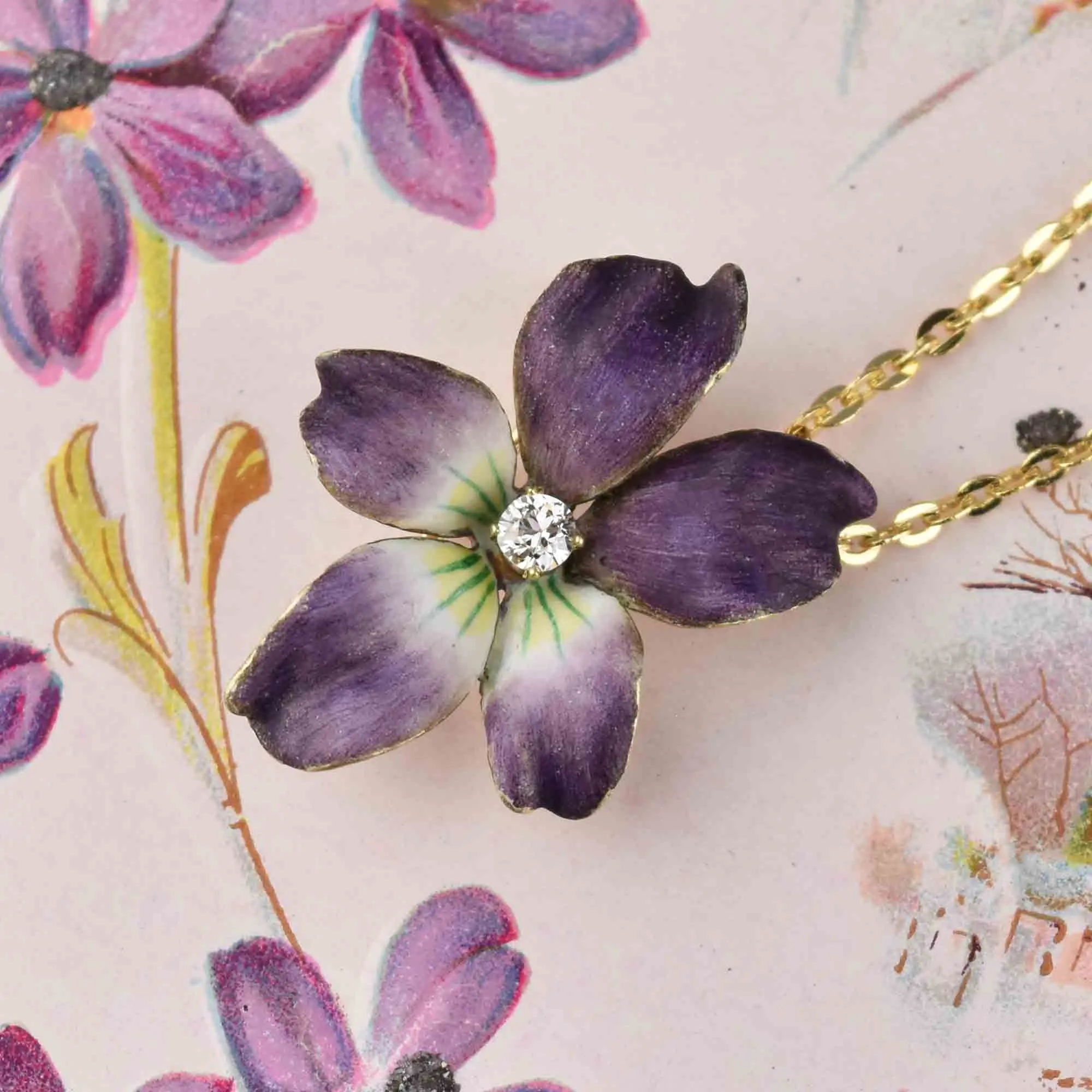 14K Gold Enamel Viola Pansy Diamond Brooch Pendant