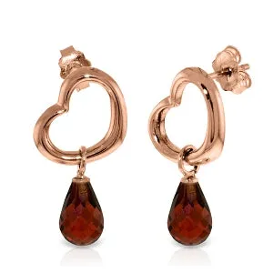 14K Solid Rose Gold Heart Earrings w/ Dangling Natural Garnets