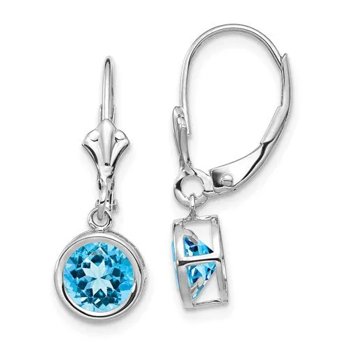 14k White Gold Bezel 6mm Round Swiss Blue Topaz Leverback Earrings