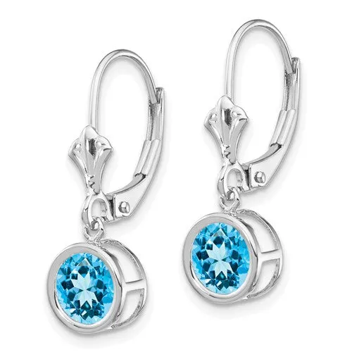 14k White Gold Bezel 6mm Round Swiss Blue Topaz Leverback Earrings