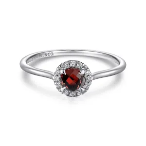 14K White Gold Garnet and Diamond Halo Promise Ring