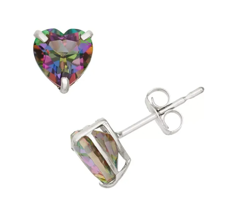 14k White Gold Plated 4 Carat Heart Created Mystic Topaz Stud Earrings