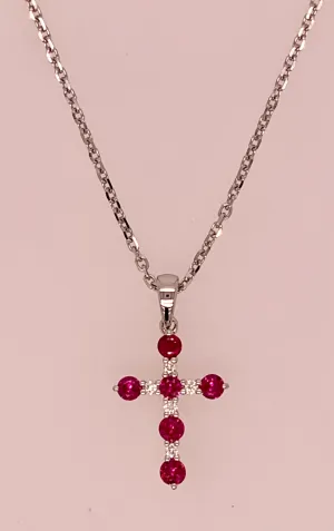 14K White Gold Ruby & Diamond Cross