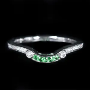 14K White Gold Tsavorite Garnet and Diamond Curved Band