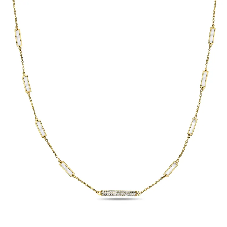 14k Yellow Gold Mother of Pearl & Diamond Rectangle Station Necklace (I8443)