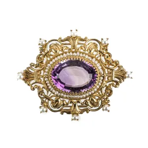 14K Yellow Gold Oval Amethyst Pearl Brooch