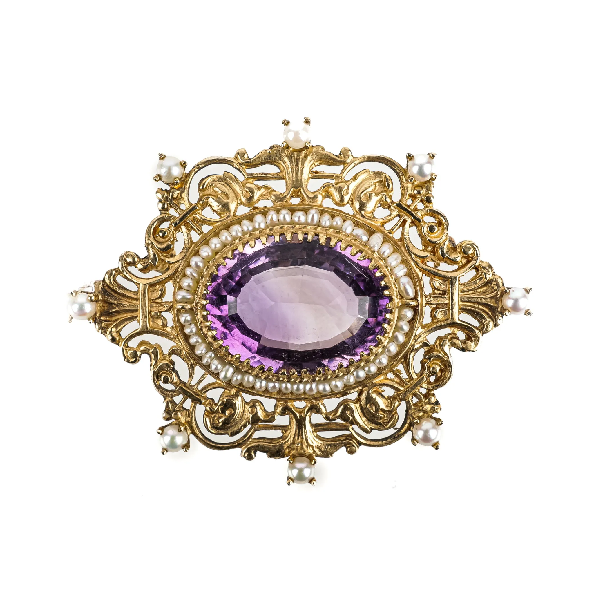 14K Yellow Gold Oval Amethyst Pearl Brooch