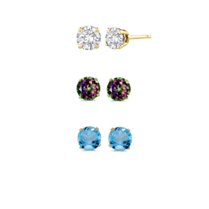 14k Yellow Gold Plated 4Ct Created White Sapphire, Mystic Topaz and Blue Topaz 3 Pair Round Stud Earrings