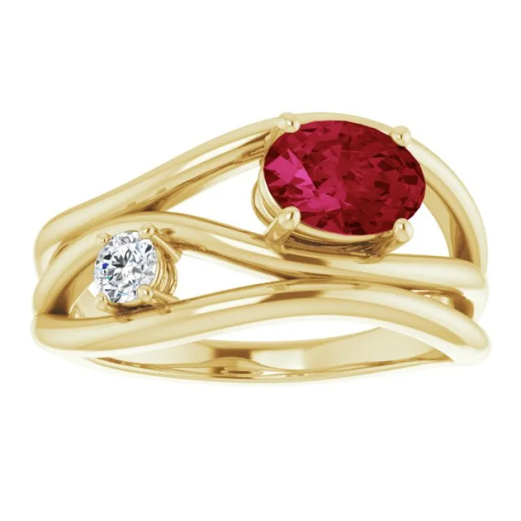 14K Yellow Lab-Grown Ruby & 1/10 CTW Natural Diamond Ring