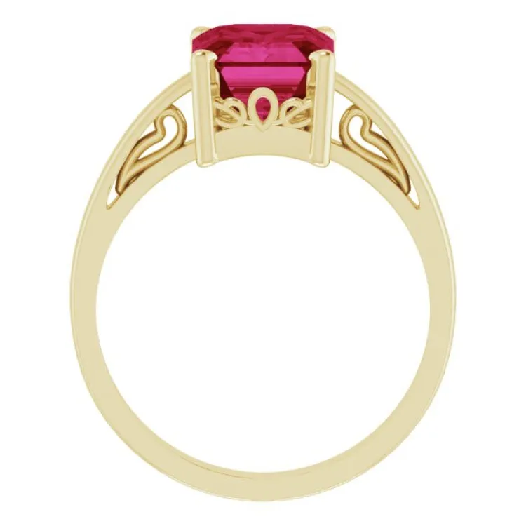 14K Yellow Lab-Grown Ruby Scroll Setting® Ring