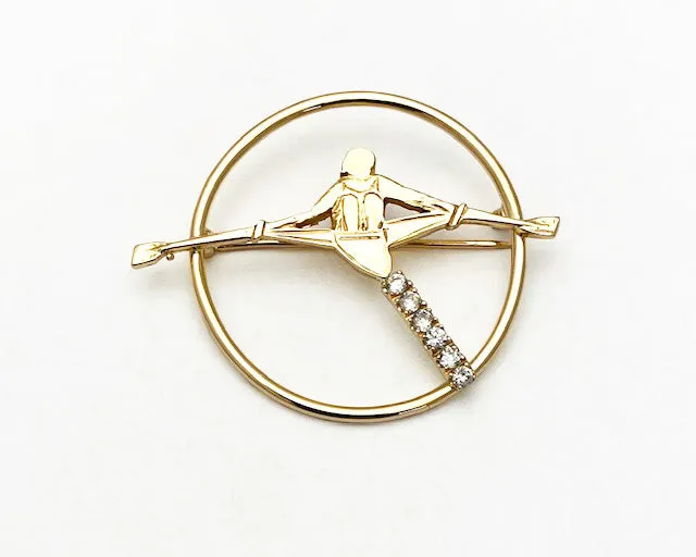 14Kt Gold Rowing Single Scull in open Circle Brooch with CZs