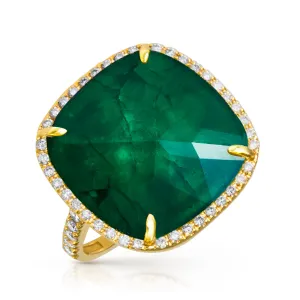 14KT Yellow Gold Diamond Emerald Triplet Cushion Cut Cocktail Ring