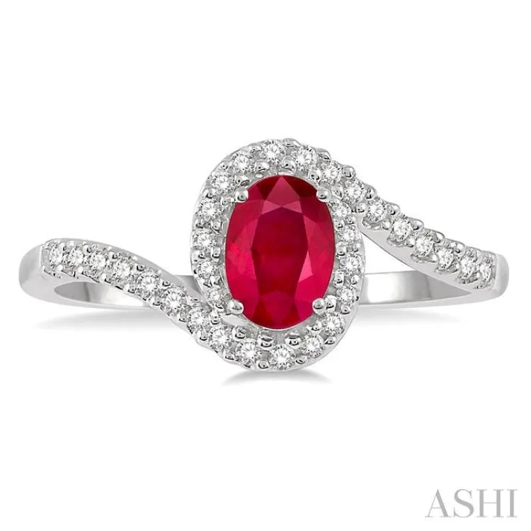 1/5 Ctw Embraced Oval Shape 6x4mm Ruby & Round Cut Diamond Precious Ring in 10K White Gold