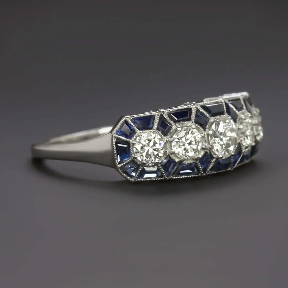 1.5ct DIAMOND SAPPHIRE VINTAGE STYLE RING ART DECO GEOMETRIC COCKTAIL WHITE GOLD