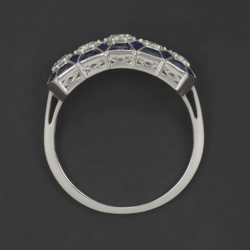 1.5ct DIAMOND SAPPHIRE VINTAGE STYLE RING ART DECO GEOMETRIC COCKTAIL WHITE GOLD