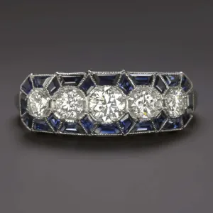 1.5ct DIAMOND SAPPHIRE VINTAGE STYLE RING ART DECO GEOMETRIC COCKTAIL WHITE GOLD