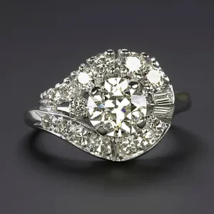 1.5ct OLD EUROPEAN CUT DIAMOND VINTAGE COCKTAIL RING 14k WHITE GOLD ESTATE HALO