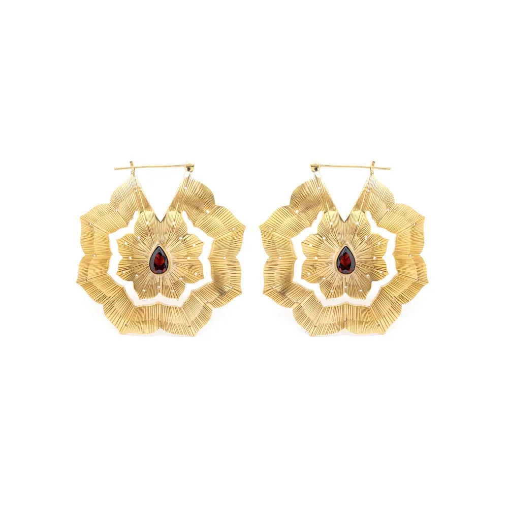 16g Polished Brass Red Jeweled Clematis Earrings — Price Per 2