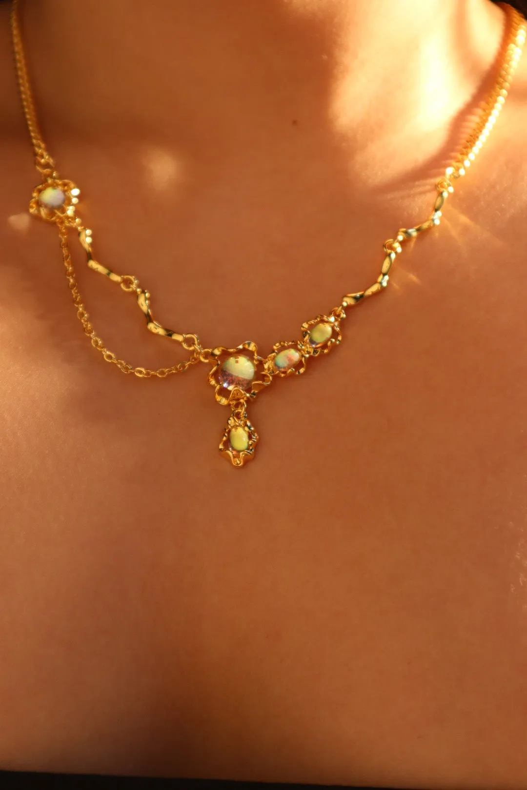 18K Real Gold Plated Opal Dangle Necklace