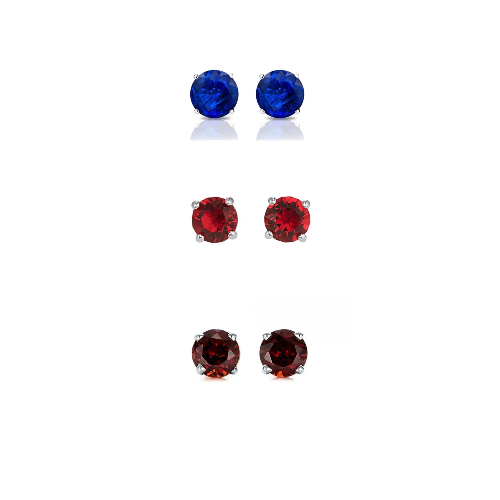 18k White Gold Plated 1/2Ct Created Blue Topaz, Ruby and Garnet 3 Pair Round Stud Earrings