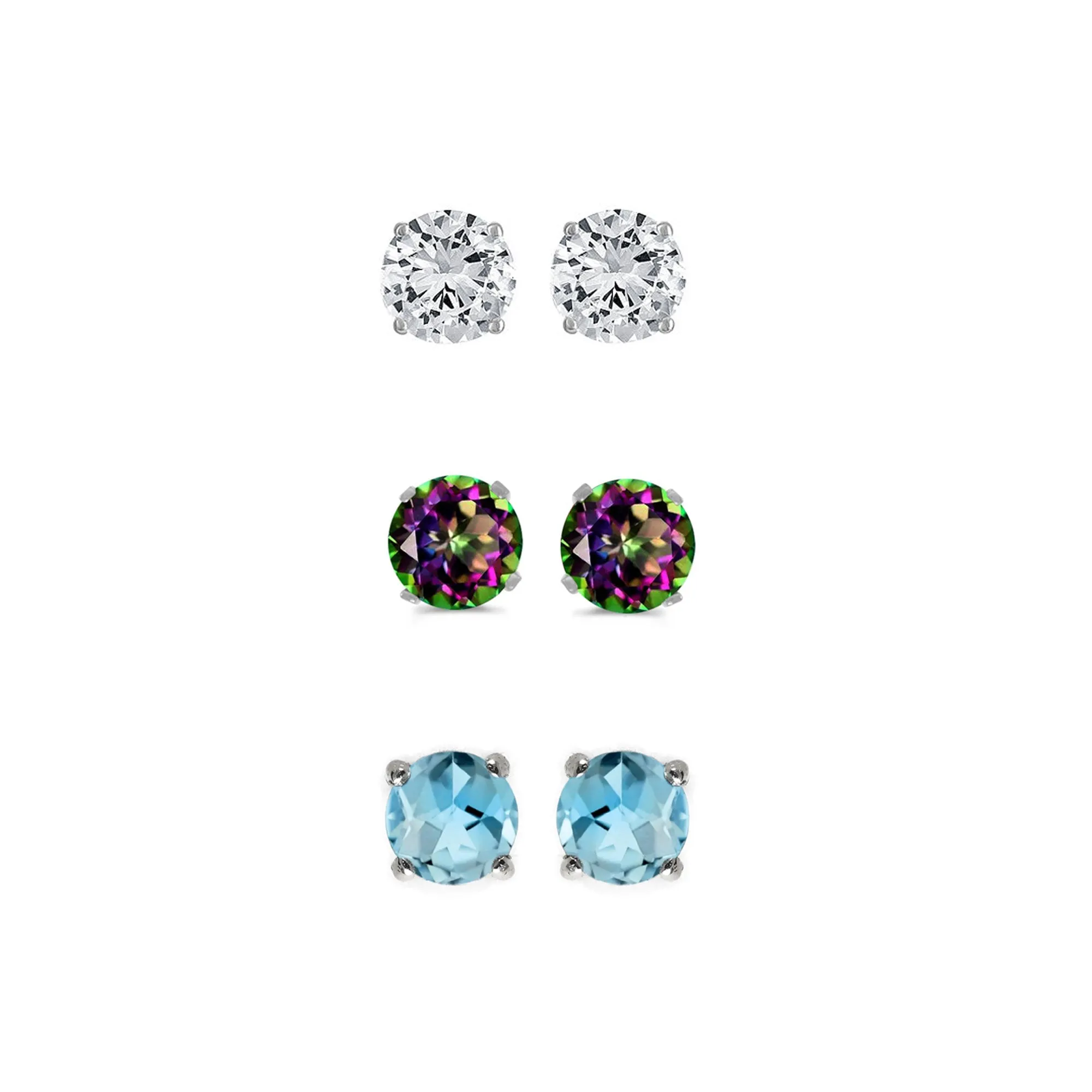 18k White Gold Plated 3Ct Created White Sapphire, Mystic Topaz and Blue Topaz 3 Pair Round Stud Earrings