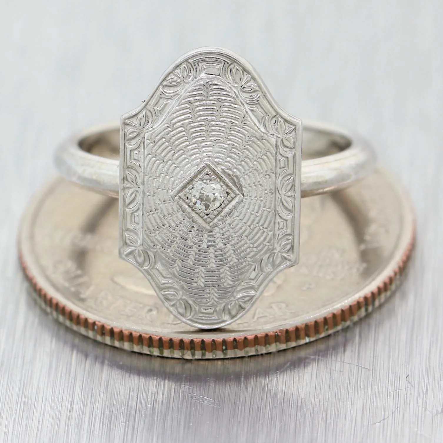 1930s Antique Art Deco Estate 14k White Gold .04ctw Diamond Cocktail Ring