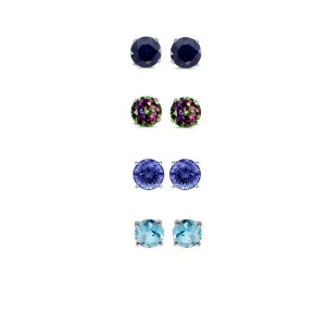 24k White Gold Plated 2Ct Created Black Sapphire, Mystic Topaz, Tanzanite and Blue Topaz 4 Pair Round Stud Earrings