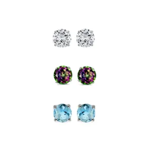 24k White Gold Plated 2Ct Created White Sapphire, Mystic Topaz and Blue Topaz 3 Pair Round Stud Earrings