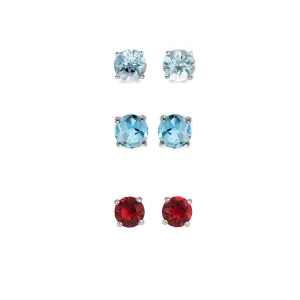 24k White Gold Plated 4Ct Created Aquamarine, Blue Topaz and Ruby 3 Pair Round Stud Earrings