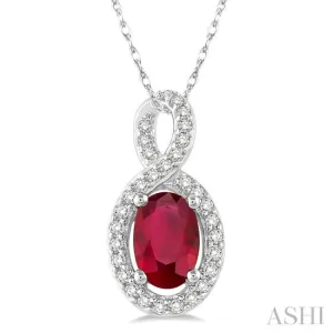 6x4 MM Oval Cut Ruby and 1/10 Ctw Round Cut Diamond Pendant in 10K White Gold with Chain