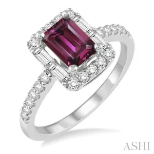 7x5 MM Emerald Cut Rhodolite Garnet and 1/2 Ctw Diamond Ring in 14K White Gold