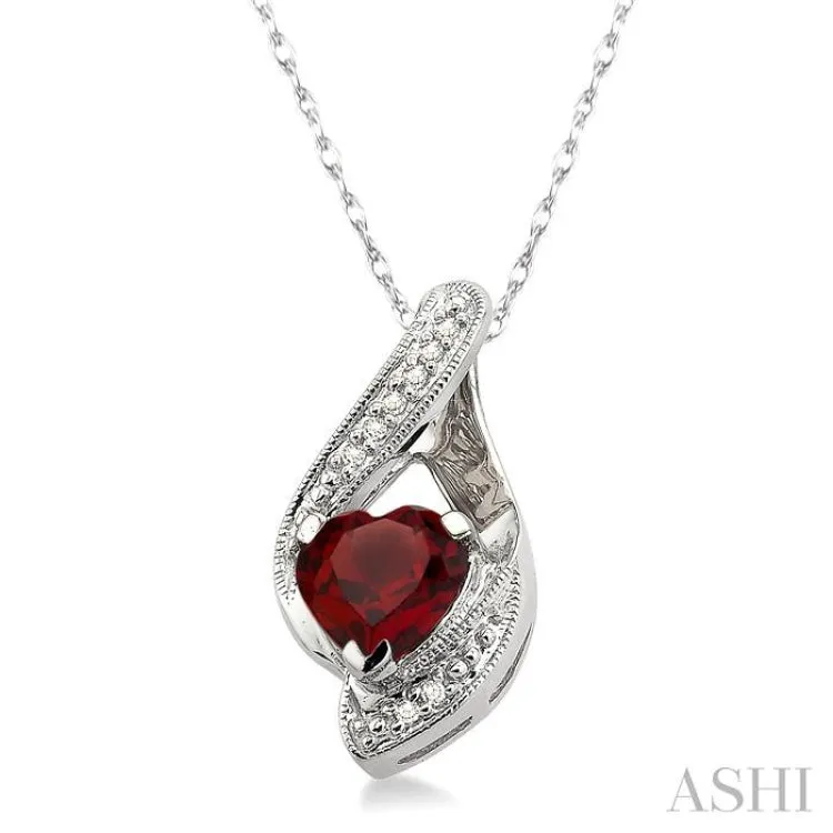 7x7mm Heart Shape Garnet and 1/20 Ctw Single Cut Diamond Pendant in 10K White Gold with Chain