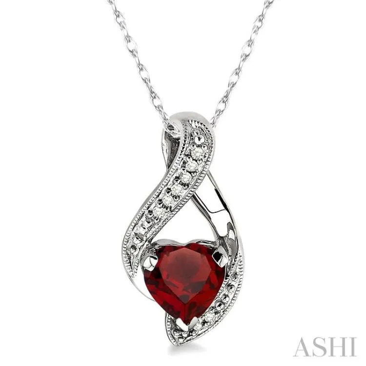 7x7mm Heart Shape Garnet and 1/20 Ctw Single Cut Diamond Pendant in 10K White Gold with Chain