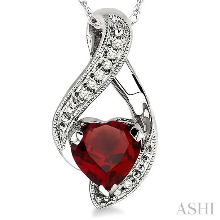 7x7mm Heart Shape Garnet and 1/20 Ctw Single Cut Diamond Pendant in 10K White Gold with Chain