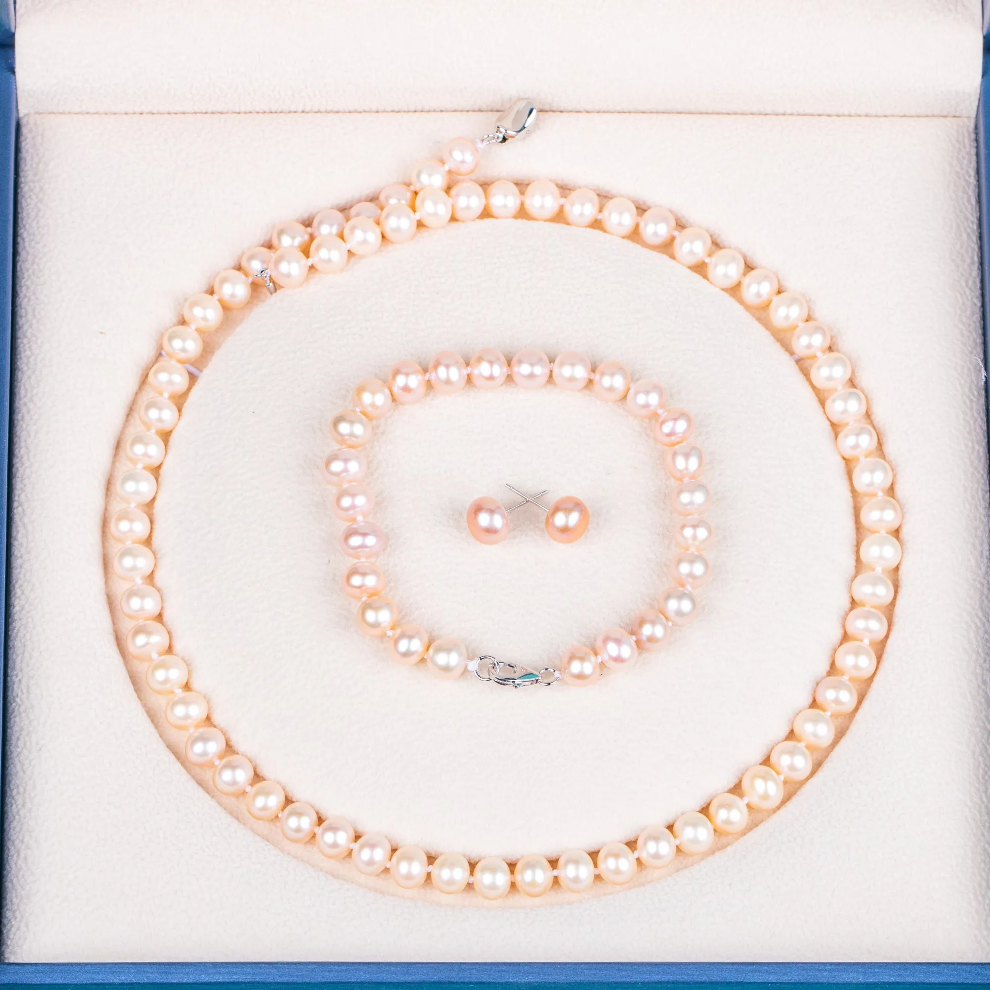 925 silver clasp natural pink button AAA real natural 6-7  mm pearl women jewelry necklace set