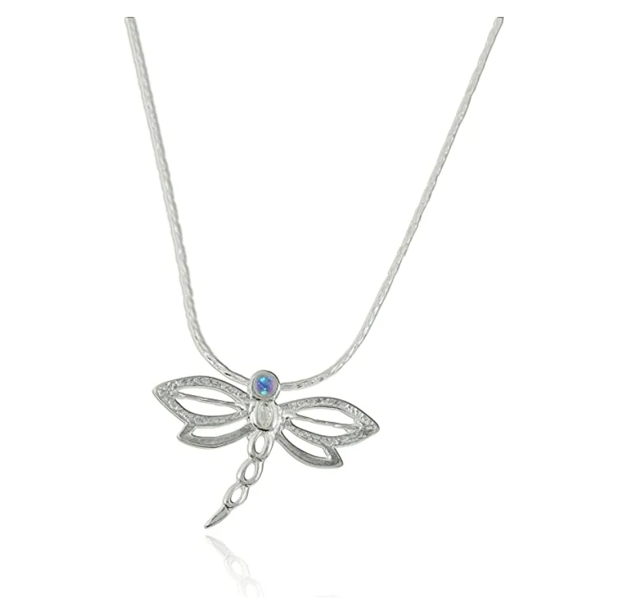 925 Sterling Silver Dragonfly Necklace Blue Opal Simulated Dragonfly Jewelry Pendant Chain Birthday Gift 22in.