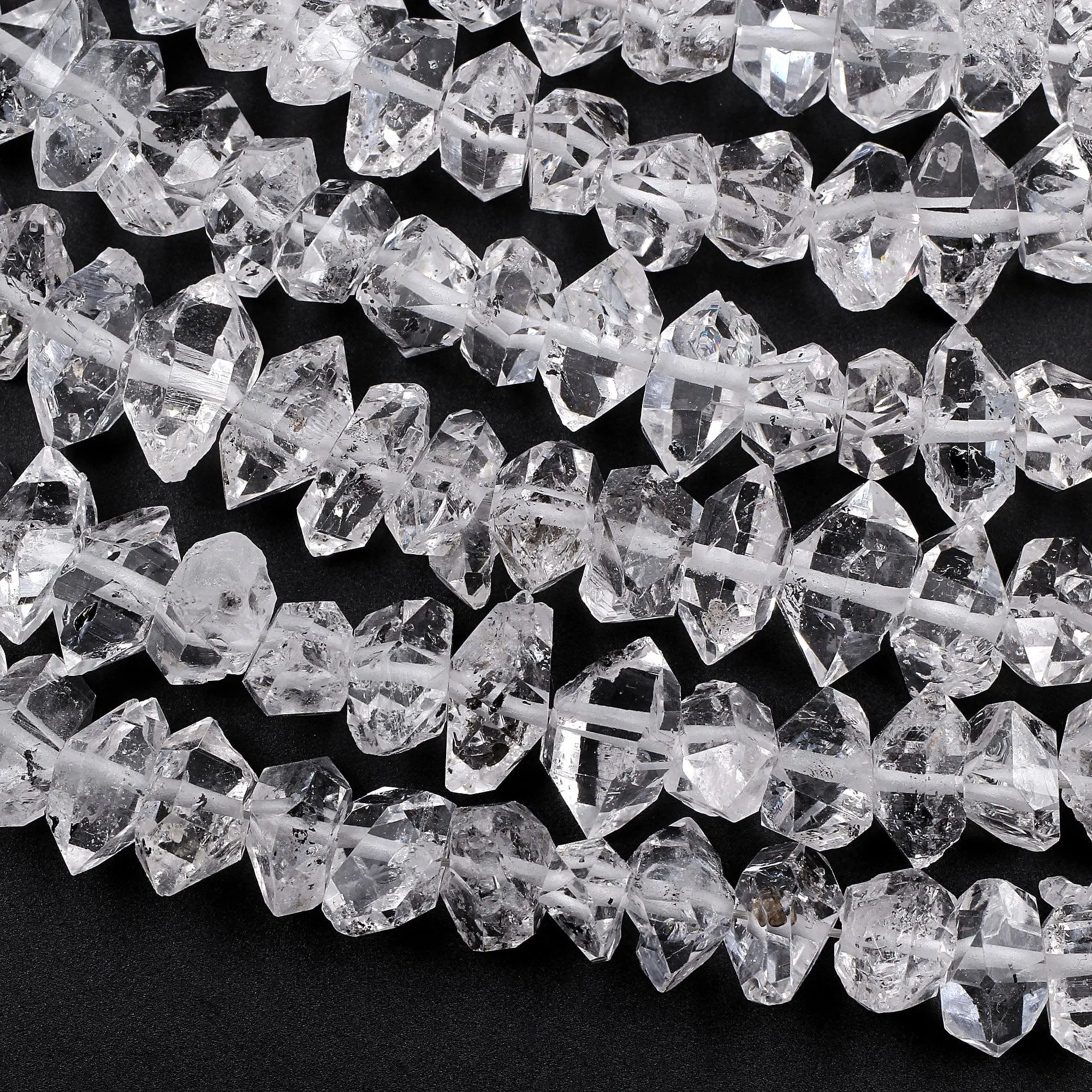 AAA Grade Super Clear Natural Herkimer Diamond Quartz Beads Double Terminated Quartz With Black Anthraxolite Inclusion 16" Strand