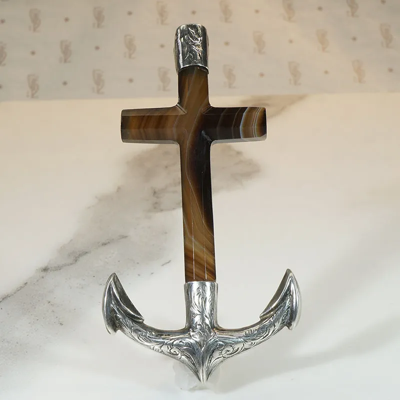 Agate & Engraved Sterling Sailor's Cross Brooch