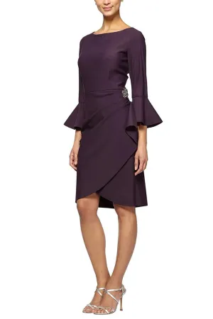 Alex Evenings Boat Neck Bell Sleeve Embellished Brooch Cascade Ruffle Side Solid Scuba Crepe Dress